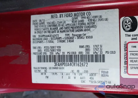 2012 Ford Fusion Sel z USA, uszkodzony, nr VIN 3FAHP0JA4CR162472